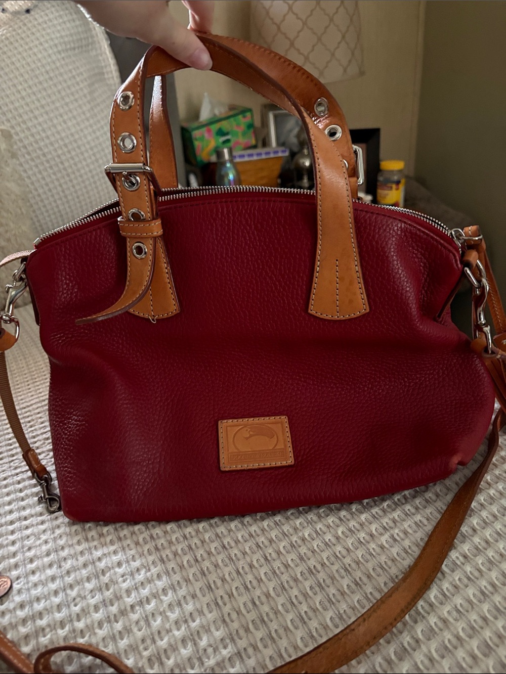 Women's Red Leather Satchel with Tan Trim